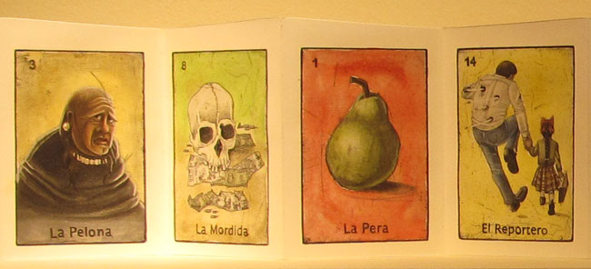 The bold lady (left) and the reporter (right) are some of the characters depicted by artist Yvianna Hernandez in her La Loteria Fronteriza. (Lucía Murguía/Borderzine.com)