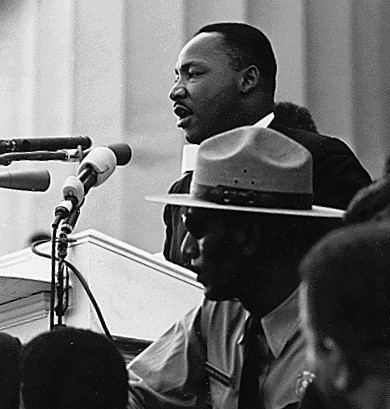 Dr. Martin Luther King giving his "I Have a Dream" speech during the March on Washington in Washington, D.C., on 28 August 1963. (Work in the public domain in the United States under the terms of 17 U.S.C. § 105)