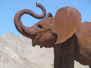 Elephants are not indigenous to the Anza-Borrego Desert 90 miles south of Palm Springs, but Ricardo Breceda has brought them to life here as life-sized metal sculptures mixed in with a few giant sloths, camels and raptors. –Photo by Ashlyn Monita