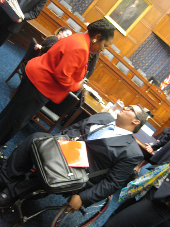 Villalobos talks to congresswoman Sheila Jackson Lee right after speaking before a congressional committee in Washington D.C. (Photo courtesy of Adrian Villalobos)