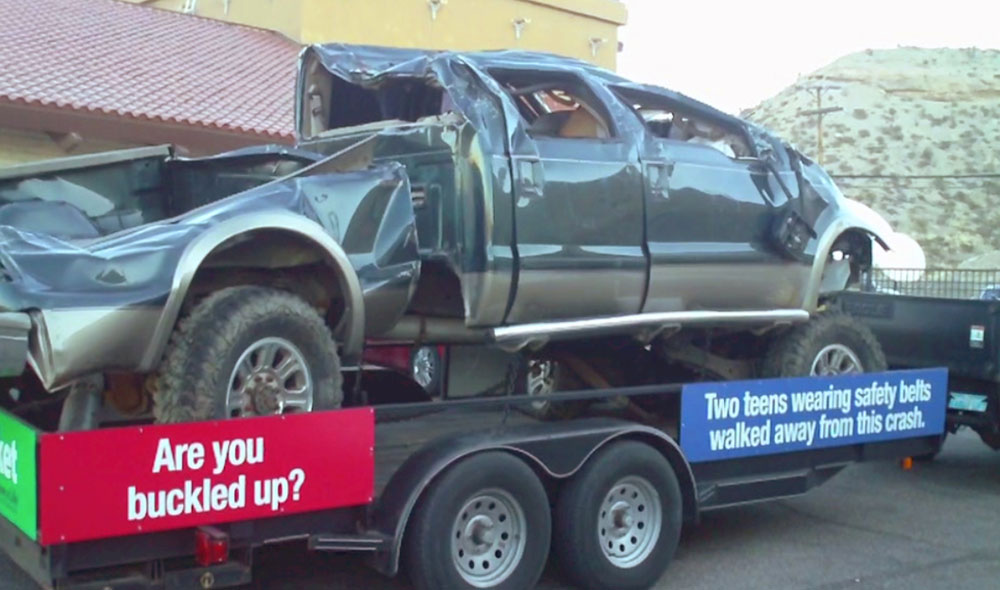 A wrecked vehicle is use as part of a prevention campaign by law enforcement departments. (Ytzel Arrunada/Borderzine.com)