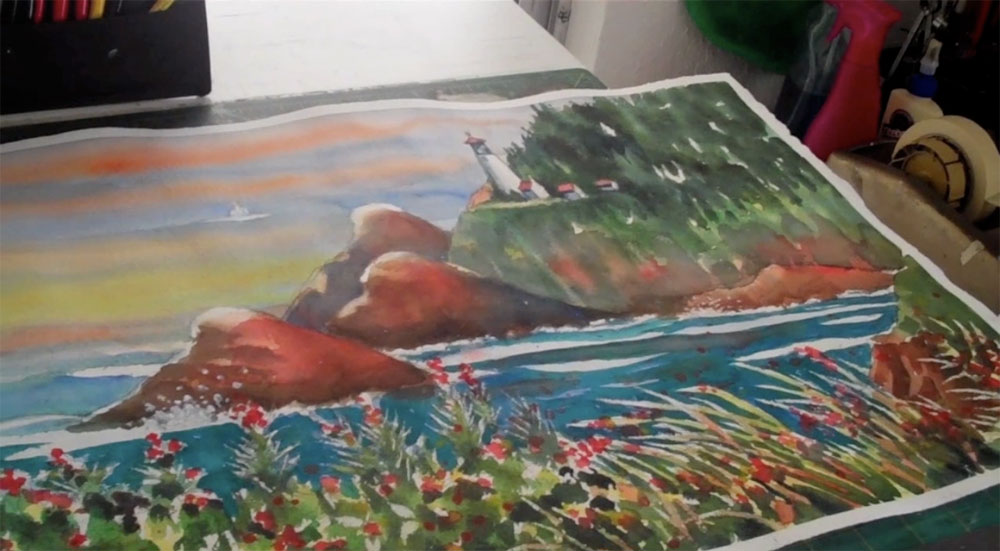 A finished watercolor lays on Mr. Kobayashi's drawing table. (Priscilla Rey/Borderzine.com)