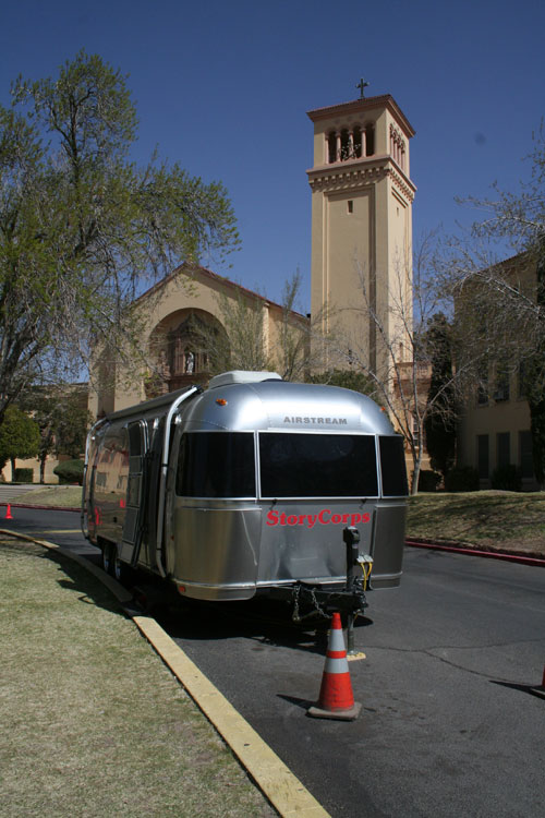 The shiny airstream trailer that has made its way across the country is parked in front of Loretto Acadamy’s chapel. (Amanda Duran/Borderzine.com)
