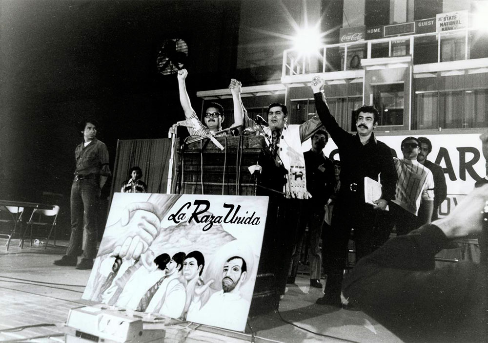 José Ángel Gutiérrez, Reies López Tijerina and Rosie Castro at the national convention of La Raza Unida in 1972. (Courtesy of Dennis Bixler- Marquez)