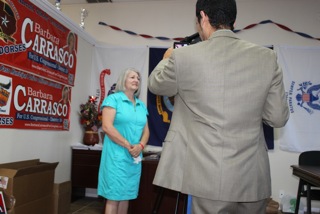 Newcomer Republican Barbara Carrasco talks to the press. (Francis Regalado/Borderzine.com)