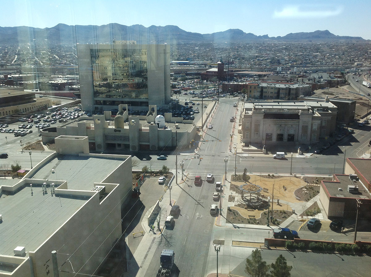 An aerial view of the area to be demolish: City Hall (left) and Insights Museum (right). The Scottish Rite Temple, adjacent to the City Hall site, will not be affected. (Paul Reynoso/Borderzine.com)