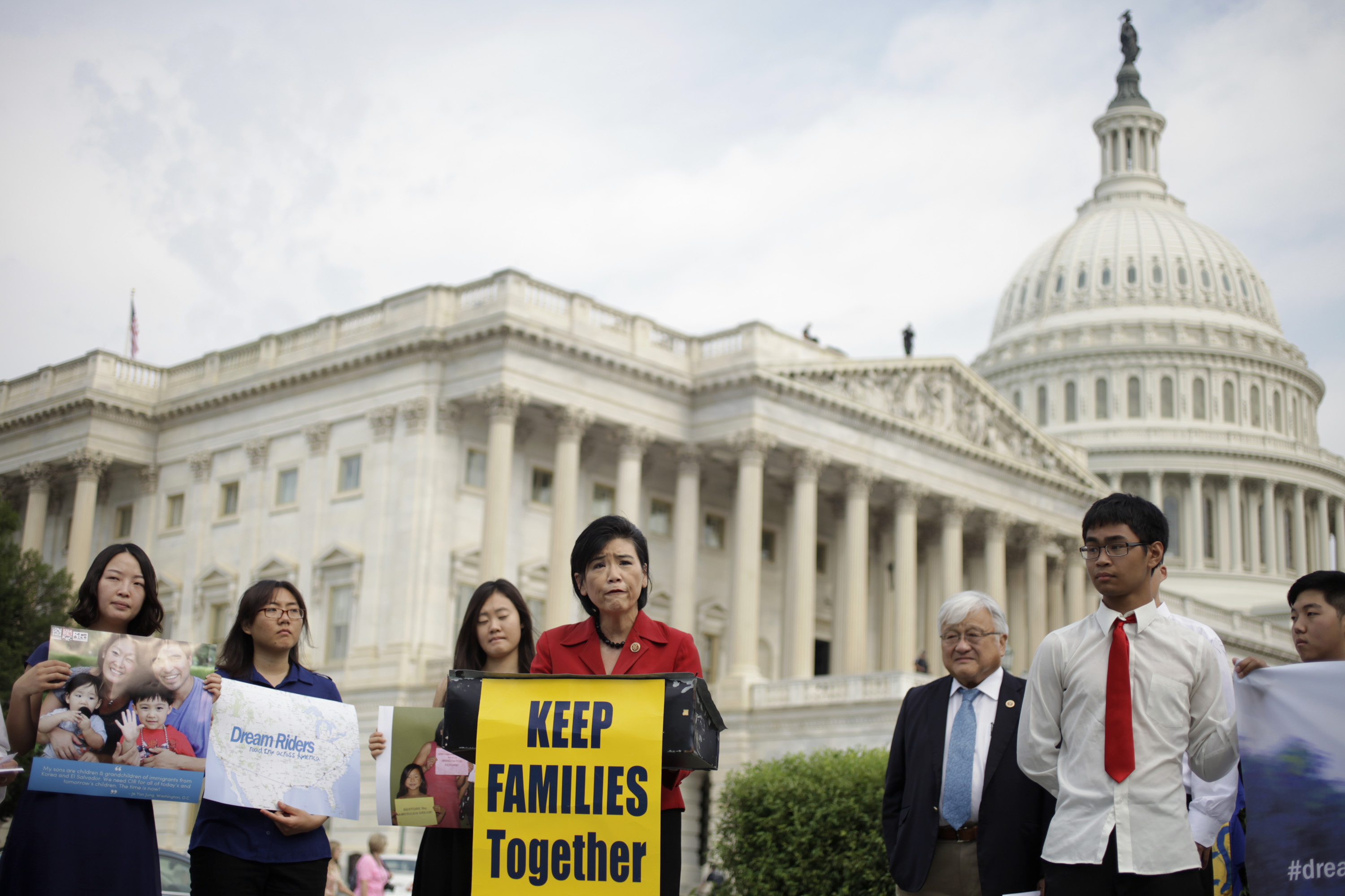 Judy Chu, D-Calif., speaks outside the Capitol Wednesday in support of immigration reform and the DREAM riders. The riders, a group of undocumented students will be visiting nine cities over 10 days to raise awareness about immigration reform. (Rob Denton/SHFWire)