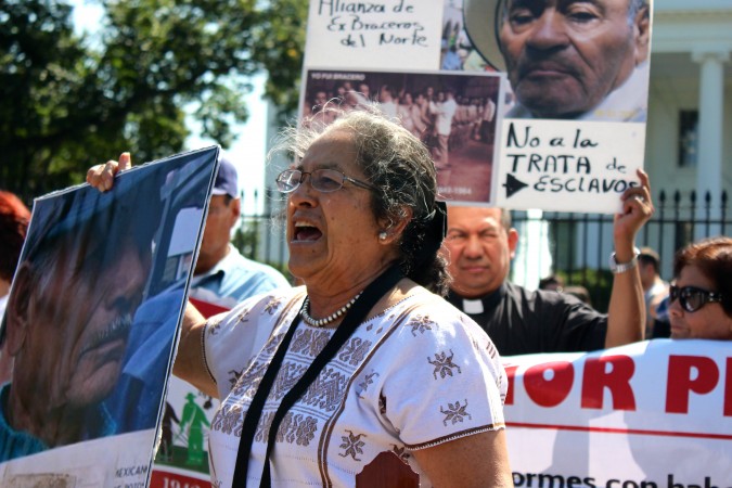 Rosa Martha Zárate Macías, coordinator of the group of activists and former migrant laborers, says Thursday the Mexican government withheld 10 percent of migrant laborer’s earnings in savings accounts. The group ended their U.S. stay in front of the White House. (Andrés Rodriguez/SHFWire)