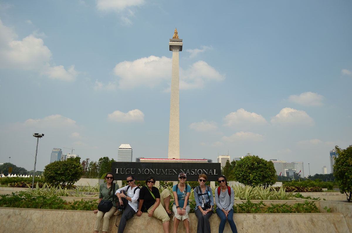 UTEP students during their trip to the National Monument in Jakarta, Indonesia, during their summer 2012 trip. (Left to right: Valeria Hernandez, Mitzel Garcia, Leslie Landin, Lauren Pace, Angela Vaughn and Cinthia Casillas)