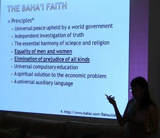 Nazanin Heydarian (on profile) reviews the Bahá'í Faith principles. (Thomas W Chellis/Borderzine.com)
