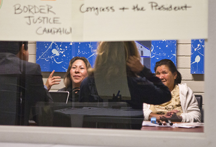 Maria Puga (cq) on left, a widow of Anastacio Hernandez Rojas (cq) with her mother in law Maria Rojas (cq) talking to her husbands case with her lawyers and activist in close door in SanDiego, Ca. Photo by Nick Oza /The Republic
