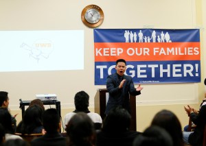 United We Dream members rally in Rayburn House Office Building 2226 on Feb. 3. Some seventy supporters packed the room and shouted “stand up, fight back,” loud enough for their voices to be echoed throughout the building. (Aaron Montes/Hispanic Link)