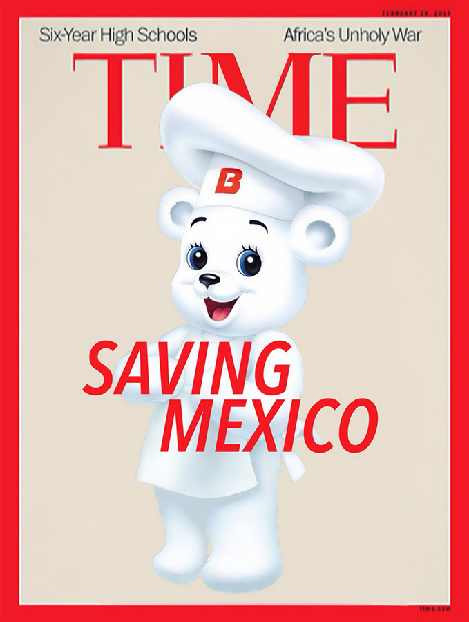 Cover edits "More likely to Save Mexico" by Luis Hernandez. Popular folk heroes of Mexico who have more of a chance of "saving" the country than Peña Nieto. Osito Bimbo de Pan Dulce Bimbo. (Illustration by Luis Hernández/Borderzine.com)