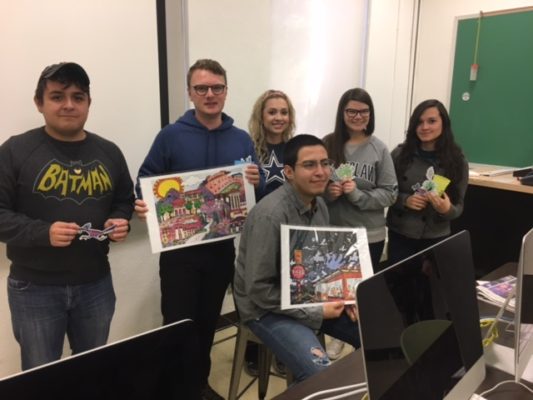 Borderzine staff for the fall 2016 semester honored for their work on elections, environment coverage and other top stories and social media. From left, Jorge Camargo, Jack Price, Stephanie Shields, Heriberto Garcia, Nora Rausch and Leslie Borrayo.