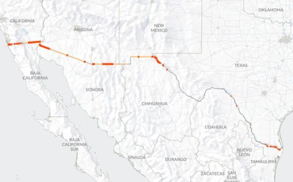 The U.S.-Mexico border fence system today. Pedestrian fence is colored dark orange, vehicle fence in light orange. Credit: Reveal research, U.S. Customs and Border Protection, OpenStreetMap, Allison McCartney