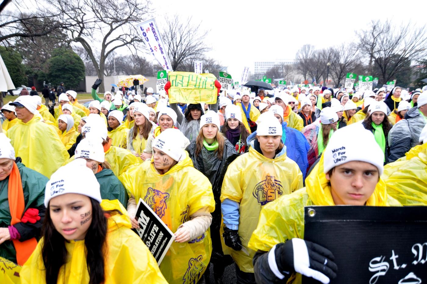 Students from Louisiana walk along the streets in Washington on Monday to protest the 39th anniversary of the Roe v. Wade Supreme Court ruling that made abortion legal. Hundreds of thousands of people joined in the annual March for Life. (Salvador Guerrero/SHFWire)