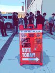 Stylized image of voters standing in line and Vote Today sign in foreground