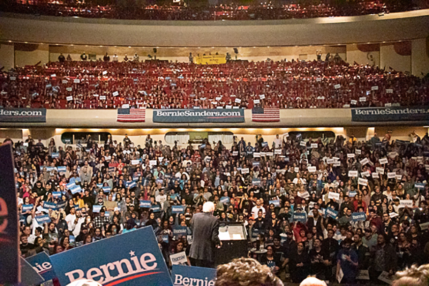 View from stage of crowd filling Abraham Chavez Theatre for Bernie Sanders rally in El Paso